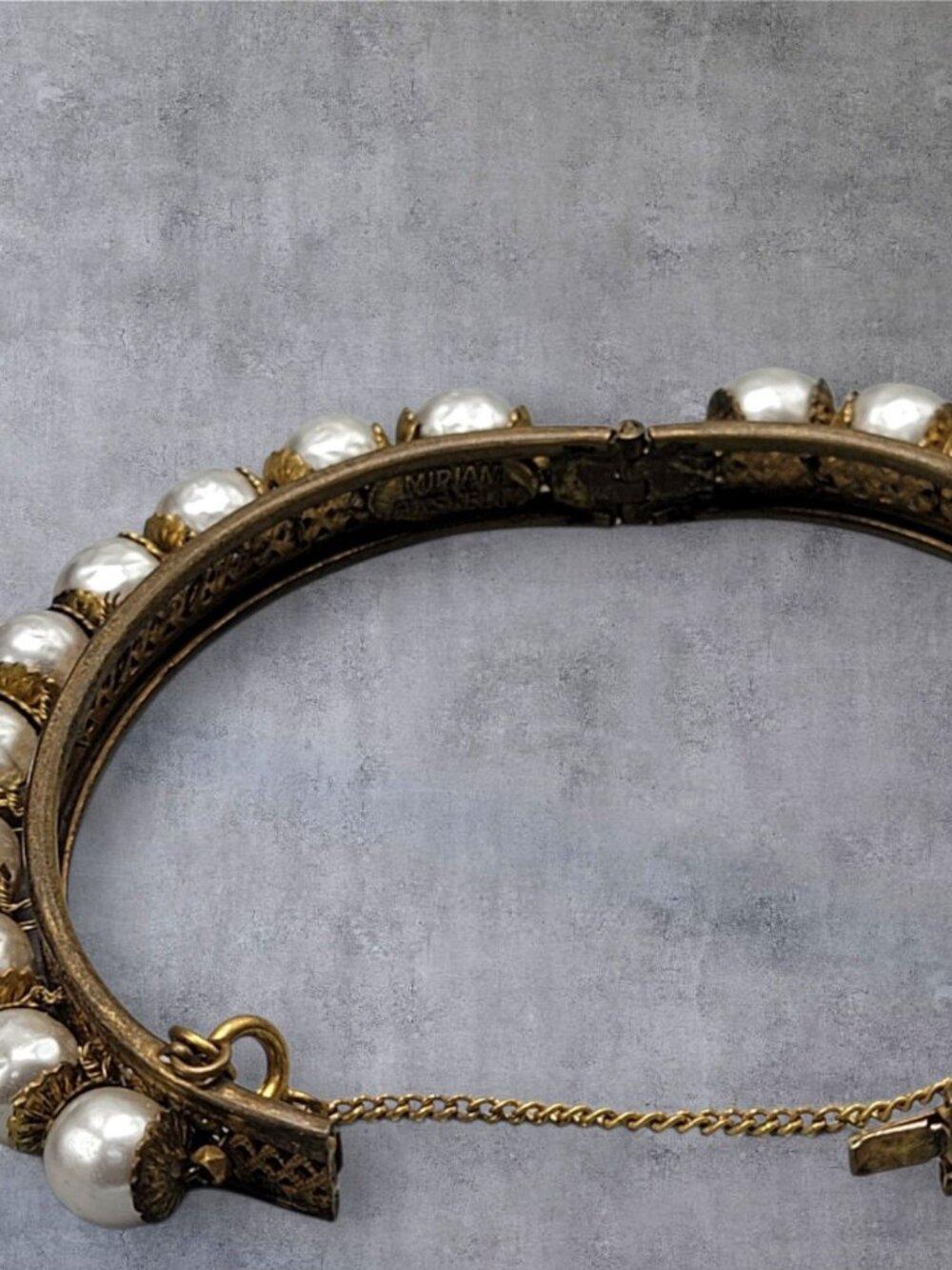 VTG Miriam Haskell Faux Baroque Pearl Clamper Bangle Bracelet Rare 1949 6.25" - Picture 11 of 16